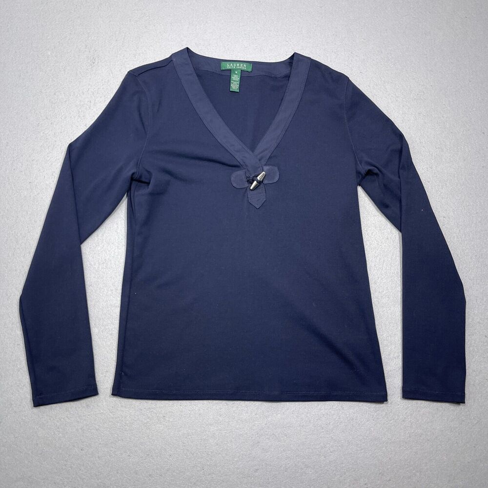 LRL Lauren Ralph Lauren Womens Top Medium Long Sleeve V neck‎ Toggle Cotton Blue